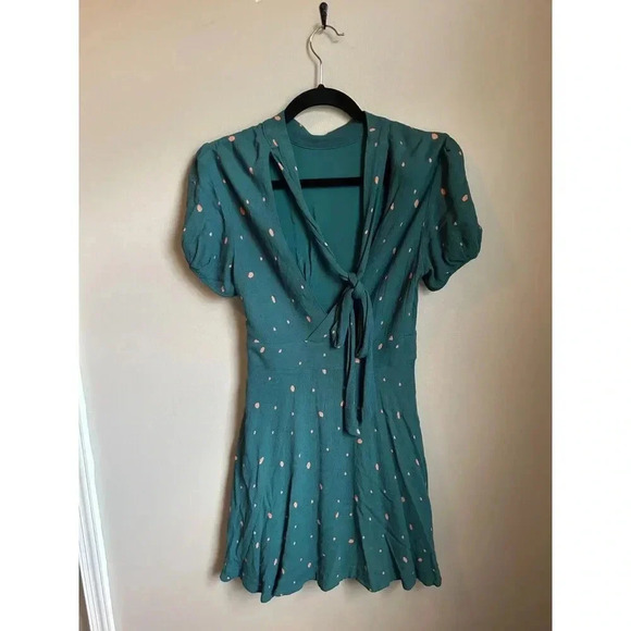 Free People Green Polka Dot Abbie Tie Neck Reversible Dress, Size 4 - Picture 2 of 9